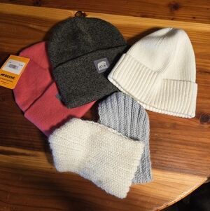 3 Brand New Beanies Set - Green, White, Pink With 2 Headbands